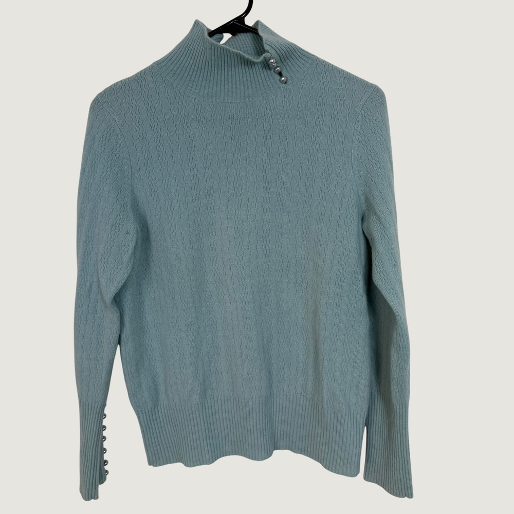Mainbocher Pure Cashmere Mock Neck Pearl Button Sweater Seafoam Green Womens Md